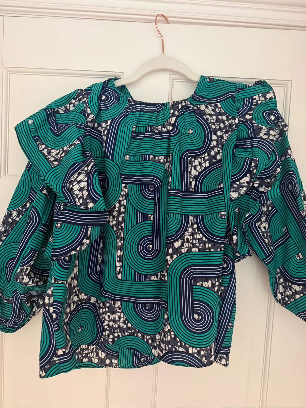 Geometric Teal & Navy Ruffle Sleeve Blouse